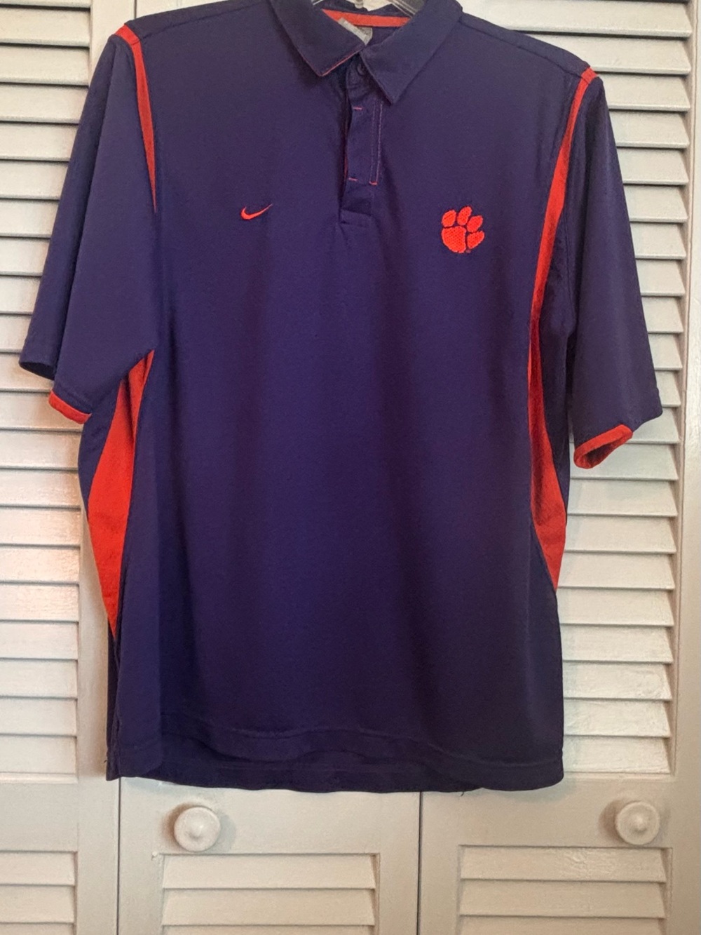 Collegiate Nike Dry Fit Purple Polo with Orange Accents and Clemson Paw